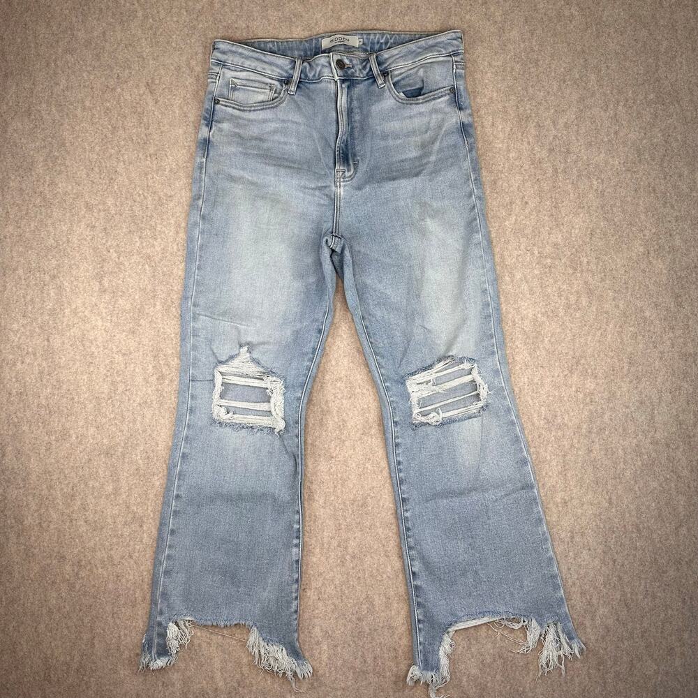 Hidden Los Angeles Happi Medium Wash Distressed  Frayed Hem Cropped Flare Jeans